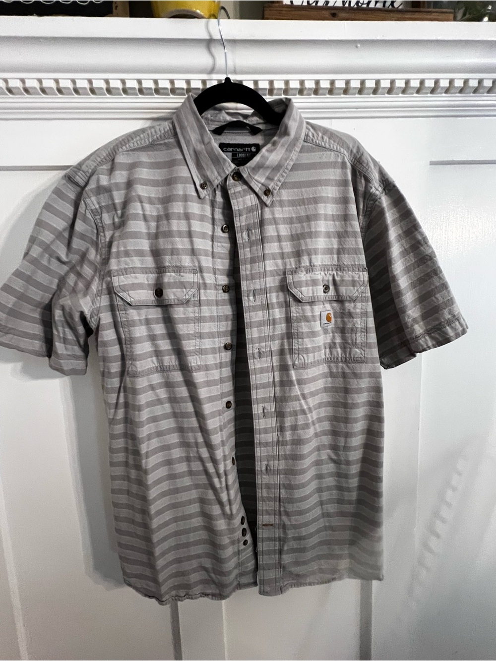 Grey gray striped Carhartt loose fit 100% cotton short sleeve shirt size L large